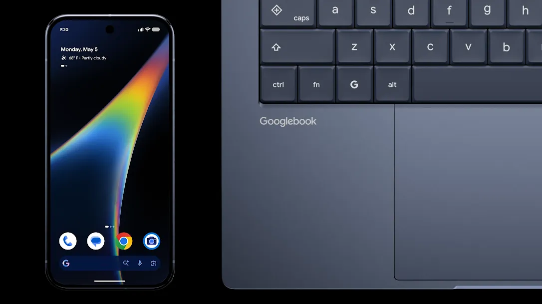 A Googlebook laptop and an Android phone side by side on a desk