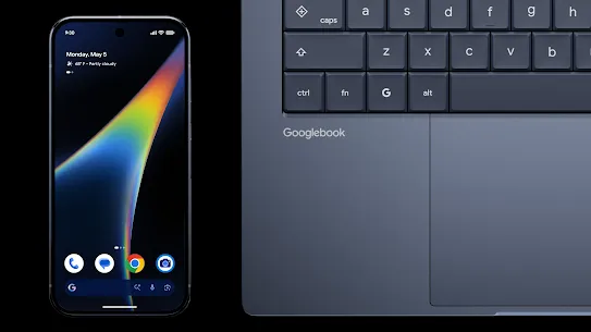 Android phone and laptop sitting side by side from a top-down view.
