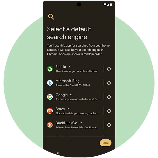 An Android mobile screen showing a list of search engines in the initial phone setup from which users can select and set their preferred default search engine.