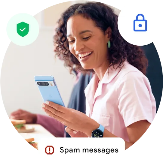 An image of a person looking at their Android device, with a shield icon and a lock icon.