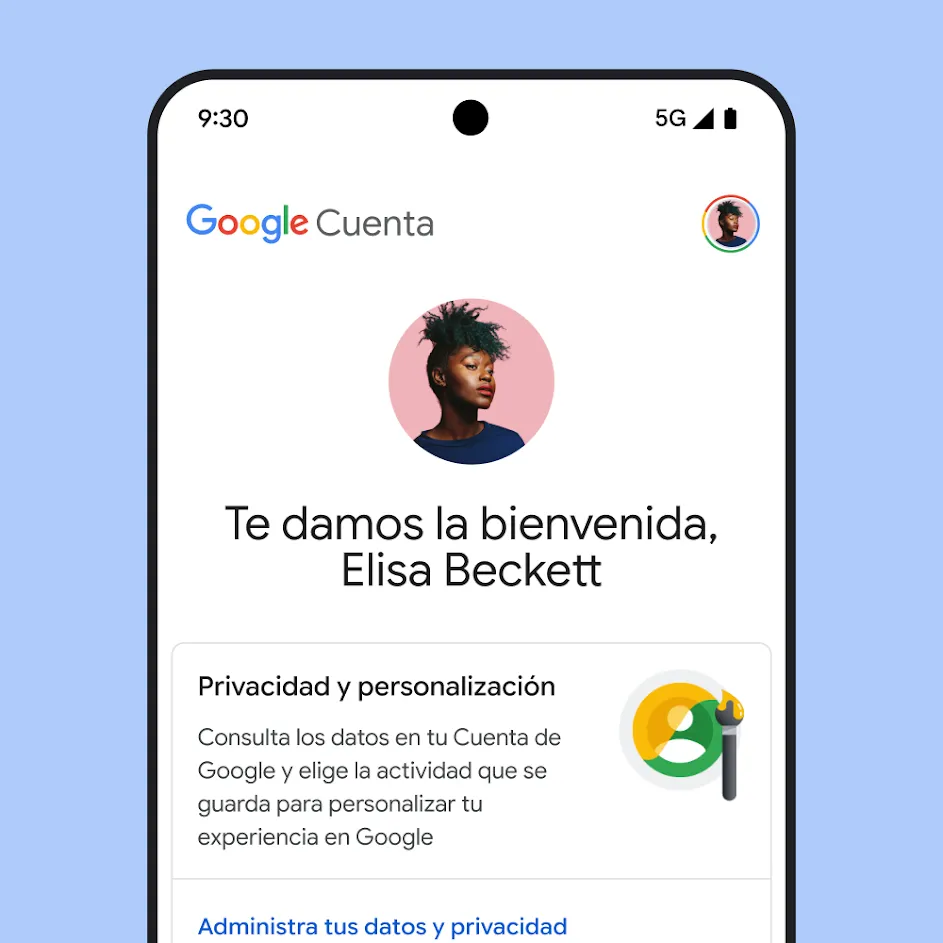 Imagen de la IU de Mi cuenta de Google, que incluye mensajes sobre privacidad y personalización, y un vínculo para administrar los datos y la privacidad.