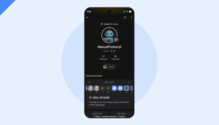A phone screen shows a user's Google Play Games profile and their gaming streak, including achievements and stats for various games. As the user scrolls, app icons allow them to jump back into recent games.