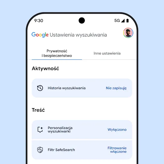 Ilustracja przedstawiająca ekran smartfona z otwartymi ustawieniami wyszukiwarki, takimi jak historia wyszukiwania, personalizacja wyszukiwania i filtr SafeSearch.