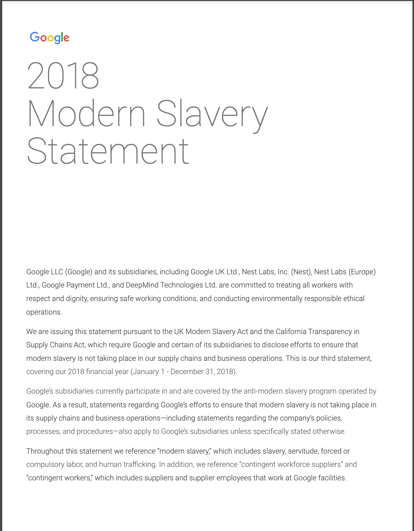 Cover image of the 2018 Statement Against Modern Slavery