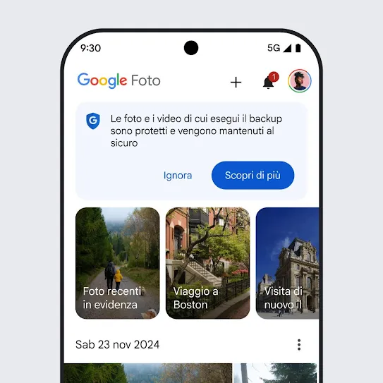 Immagine dello schermo di uno smartphone con Google Foto aperto, che mostra un messaggio di sicurezza in cui si legge "Le foto e i video di cui esegui il backup sono protetti e vengono mantenuti al sicuro" con un link per saperne di più.