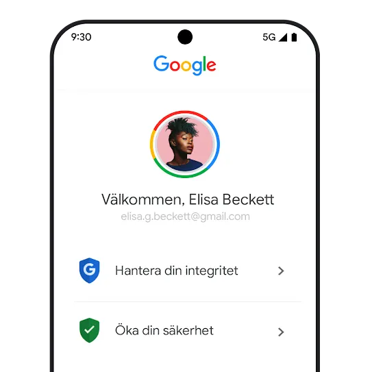 Mobilmenyn i Google-kontot visar rekommendationer för integritet och säkerhet