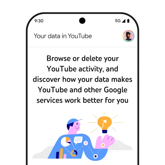 Visual of a smartphone screen with YouTube open, displaying an informational message about 'Your data in YouTube' including details on browsing and deleting activity history.
