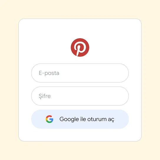 Pinterest'e giriş yapmak için Google ile oturum açma özelliğinin kullanıldığı kullanıcı arayüzü