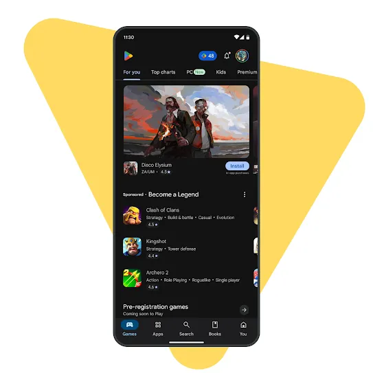 A phone screen shows the "Games" tab of the Play Store, including a new "PC" section