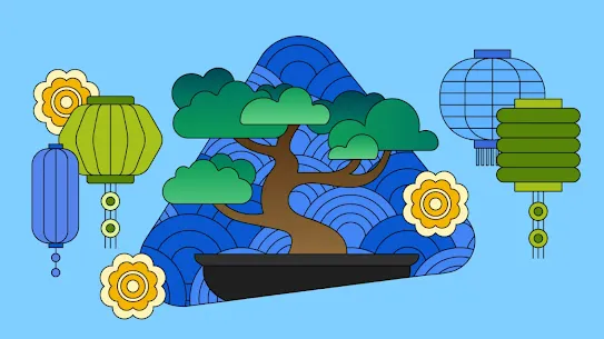An illustration of a bonsai tree surrounded by lanterns and floral elements, used to represent Asian American, Native Hawaiian, and Pacific Islander Heritage Month on the Play Store.