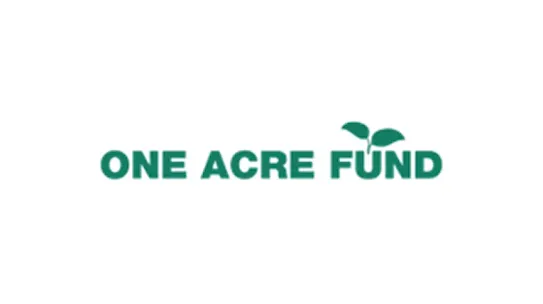 Official One Acre Fund logo written in dark green bold typography with a green sprout growing out of the letter U on a plain white background.
