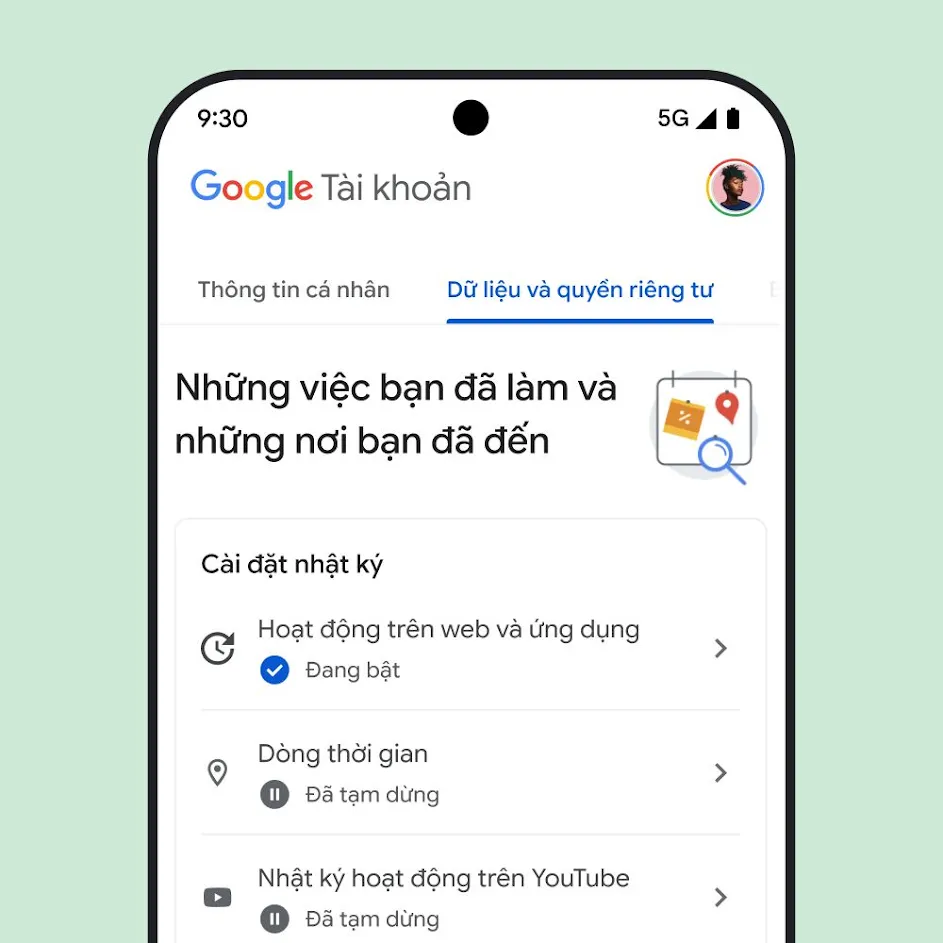 Hình ảnh giao diện người dùng cho phần Tài khoản của tôi trên Google.
