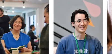 One woman laughing while looking at another woman, laughing woman in focus; A man laughing; Very small part of some image.