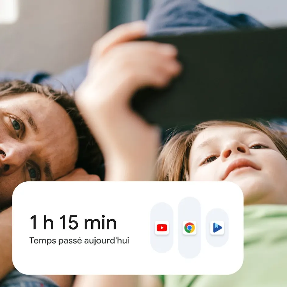 Photo d'un père et de son fils qui ont l'air heureux, allongés ensemble à la maison et regardant du contenu sur un smartphone. En haut à gauche, une icône représentant le profil utilisateur de l'enfant est superposée à la photographie. Dans l'angle inférieur gauche, un aperçu de l'interface utilisateur montrant les paramètres de temps d'écran est superposé à la photographie. 