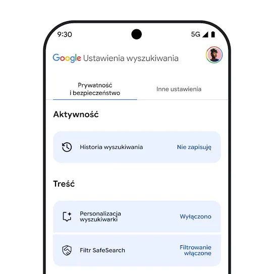 Ilustracja przedstawiająca ekran smartfona z otwartymi ustawieniami wyszukiwarki, takimi jak historia wyszukiwania, personalizacja wyszukiwania i filtr SafeSearch.
