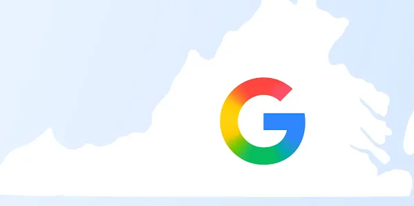 An image showing a white silhouette map of the state of Virginia against a light blue background. A large, colorful Google "G" logo is centered within the map.
