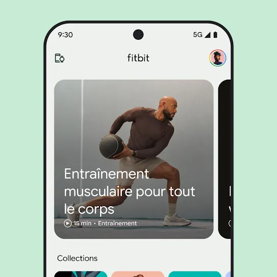 Image d'un écran de téléphone intelligent avec l'appli Fitbit ouverte, affichant une image d'un entraînement musculaire pour tout le corps.