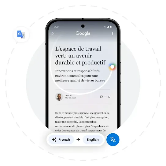 A phone screen shows a lifestyle image and an abstract example of how Circle to Search can translate what’s on the screen.