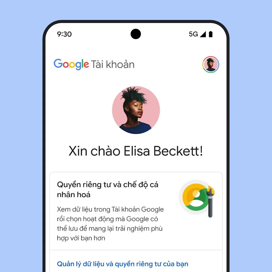Hình ảnh giao diện người dùng phần Tài khoản của tôi trên Google, trong đó có nội dung về quyền riêng tư và chế độ cá nhân hoá, cùng một đường liên kết để quản lý dữ liệu và quyền riêng tư.