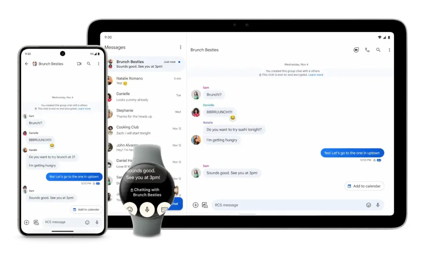 A phone, watch, and tablet show how you can stay connected across your devices