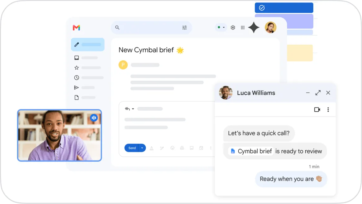 Gmail interface showing an email draft titled "New Cymbal brief", a chat window with Luca Williams sharing a document link, and a small video call thumbnail of a man speaking.