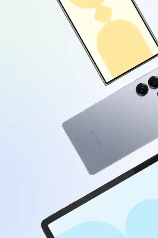 An image of various Android devices, including smartphones and tablets, with pastel designs on screens.