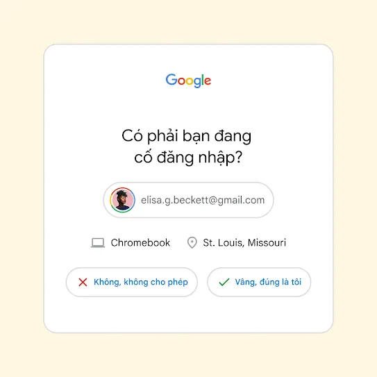 Giao diện của tính năng Xác minh 2 bước có thông báo hỏi "Có phải bạn đang cố gắng đăng nhập?" kèm theo các nút "Không, không cho phép" và "Vâng, đúng là tôi".