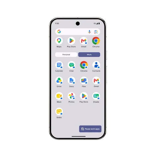 A smartphone screen displaying an Android app drawer with a grid of colorful icons like Maps, Gmail, and Chrome. The interface features "Personal" and "Work" tabs at the top, a Google search bar, and a clean, light-colored background.