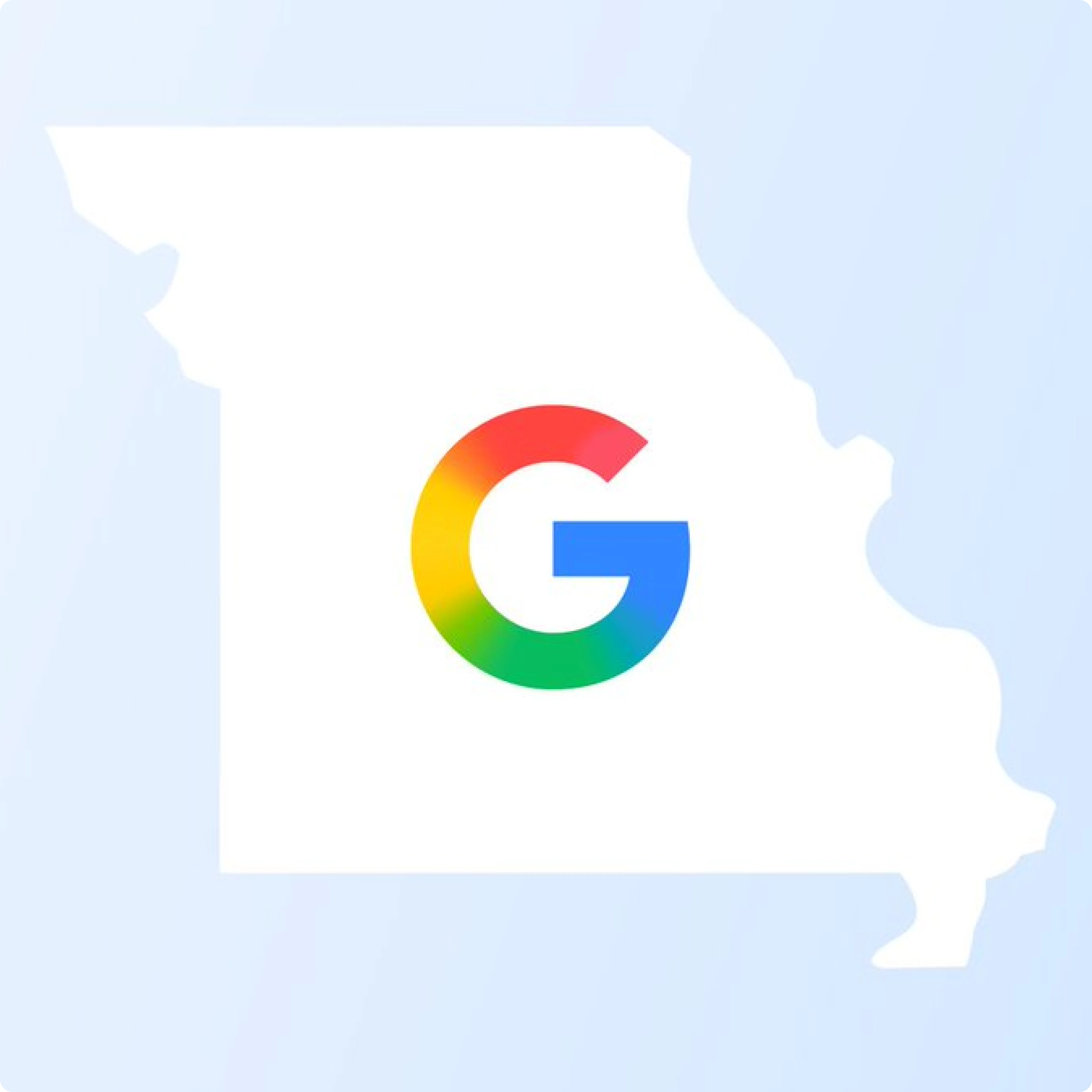 A multicolored Google 'G' logo centered inside a white silhouette outline of the state of Missouri, set against a soft light blue gradient background.