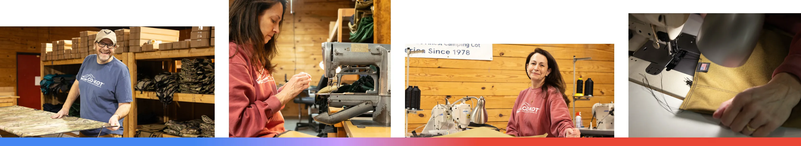 A four-part collage showing the Go-Kot team in their Alabama workshop. It features a man smiling next to a camouflaged cot, women operating industrial sewing machines, and a close-up of a "Made in USA" tag being sewn onto durable fabric.