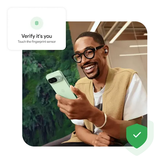 A smiling man with glasses holds a green smartphone. A graphic overlay displays a fingerprint icon with the text 'Verify it's you' and a green shield with a checkmark.