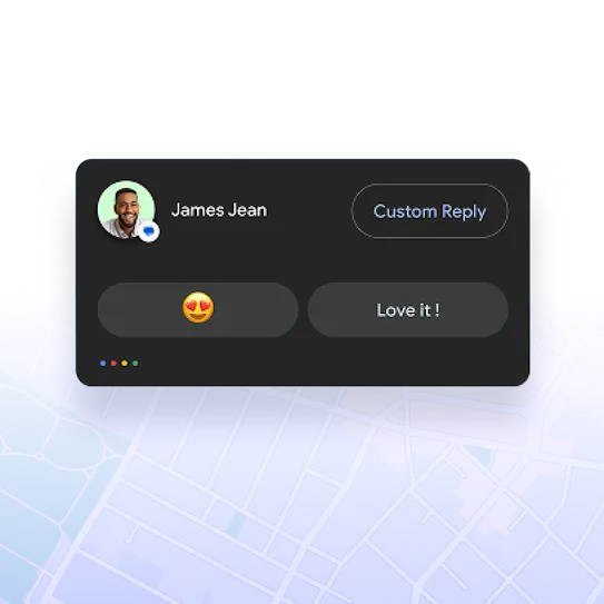 A smart reply notification shows how Smart replies on Android Auto works.