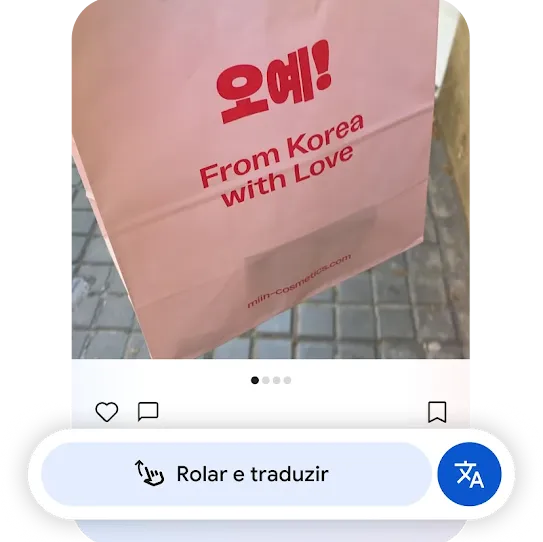 Um exemplo da capacidade de tradução do Circule para Pesquisar mostra uma bolsa rosa com caracteres coreanos sendo traduzidos para o inglês.