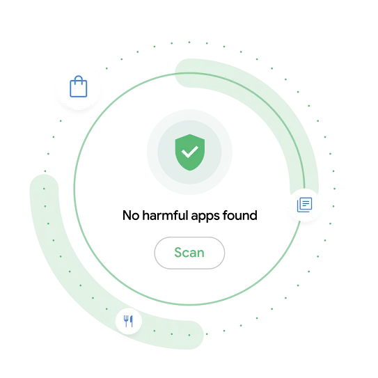 A circular animation with the scan symbol and text in the center. Along with the message “no harmful apps were found.”