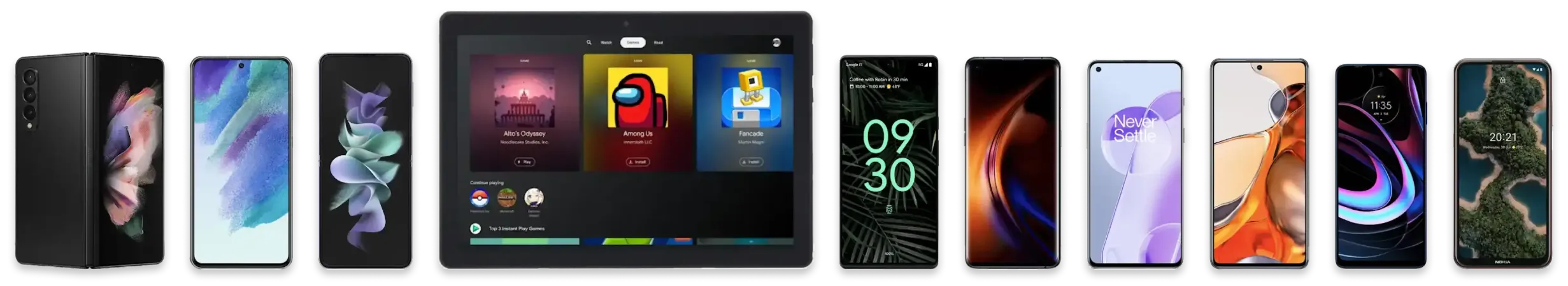 Row of 9 smartphones and one tablet