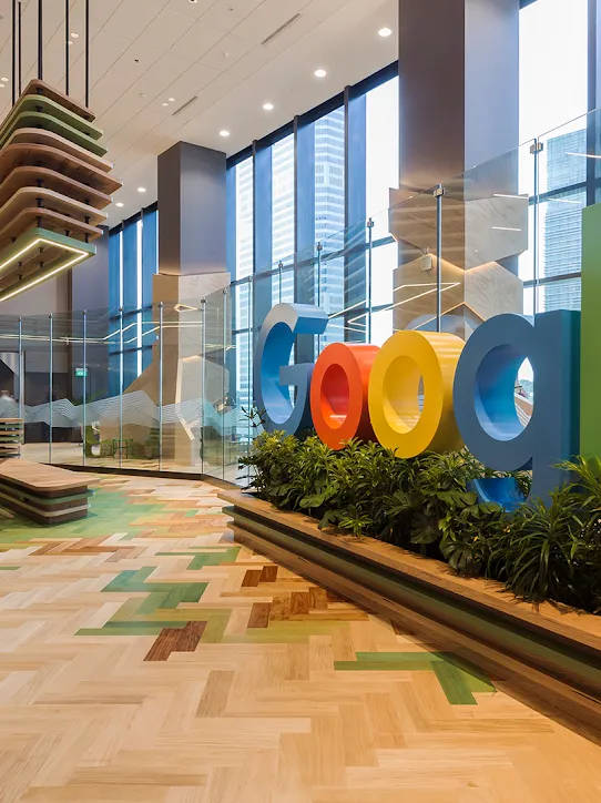 A lobby with the Google logo.