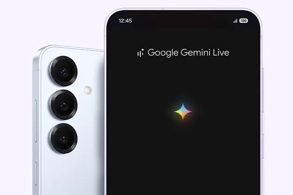 One Samsung Galaxy S25 phone faces backwards. Another one faces forward, its screen lit up with a colorful animation for “Google Gemini Live.”
