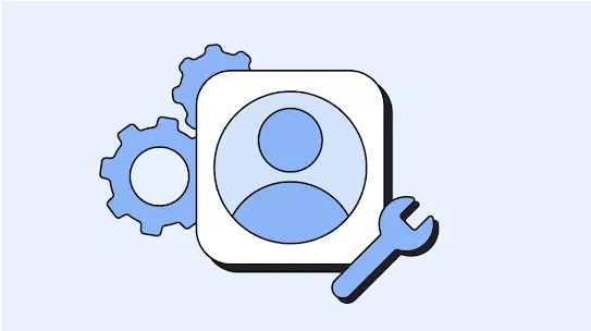 Blue icon of a contact card flanked by gears and a wrench indicating digital tools