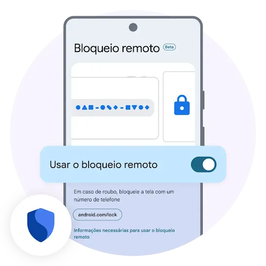 Um ícone de cadeado de segurança é exibido na tela com o recurso "Usar bloqueio remoto" ativado, permitindo que os usuários bloqueiem seus telefones roubados com segurança usando apenas o número do telefone e um desafio de segurança através do site do Android.