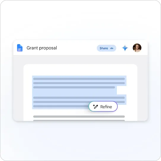 A product user interface mockup of a Google Doc open to a document titled "Grant proposal." The header panel shows a "Share" button, a blue AI star icon, and a user profile avatar. Within the document page, several lines of text are highlighted in light blue, with a rounded "Refine" button featuring a magic wand icon floating over the text.