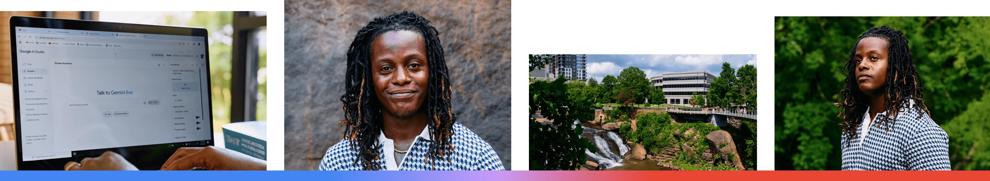 A composite of four images featuring JaiMeer G., a Master of Social Work graduate in South Carolina, showing him using Google AI Studio to streamline his research, a professional portrait, the Greenville city skyline near Falls Park, and JaiMeer in a natural outdoor setting reflecting on how AI tools enhance his strategic planning and creativity.
