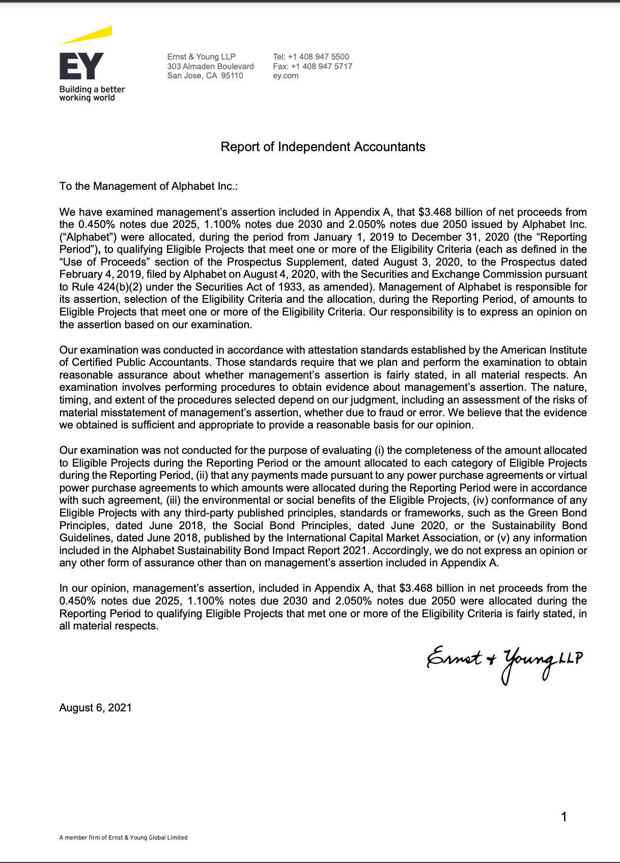 Cover image of Alphabet’s 2021 Sustainability Bond Assurance Letter