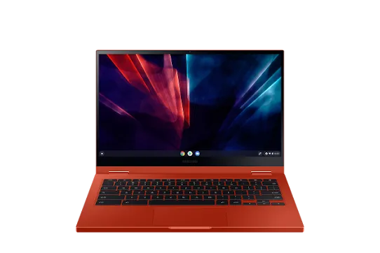 An open Chromebook with a blue and red abstract image on screen.