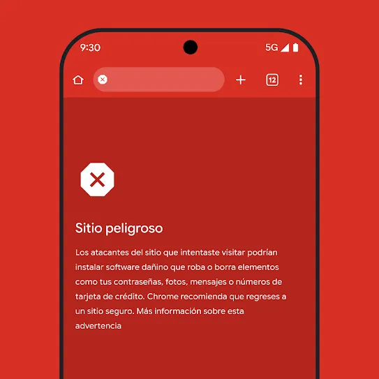 Imagen de la pantalla de un smartphone en la que se usa el navegador Chrome. Se muestra una alerta sobre un sitio peligroso, que incluye los próximos pasos recomendados y un vínculo para obtener más información sobre la advertencia. 