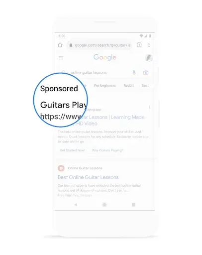 A magnifying glass effect over a Google Search result, highlighting the word "Sponsored" next to the advertiser's name to demonstrate clear ad labeling.