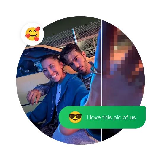 A selfie of two people that is partially blurry is overlayed by a smiling emoji with hearts and a green text bubble that reads &quot;I love this pic of us&quot; next to an emoji with sunglasses.