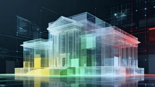 holographic government building with Google brand colors