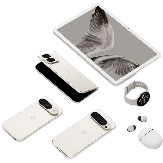 White Google Pixel devices including smartphones, a tablet, a smartwatch, wireless earbuds, and a charging case displayed together.