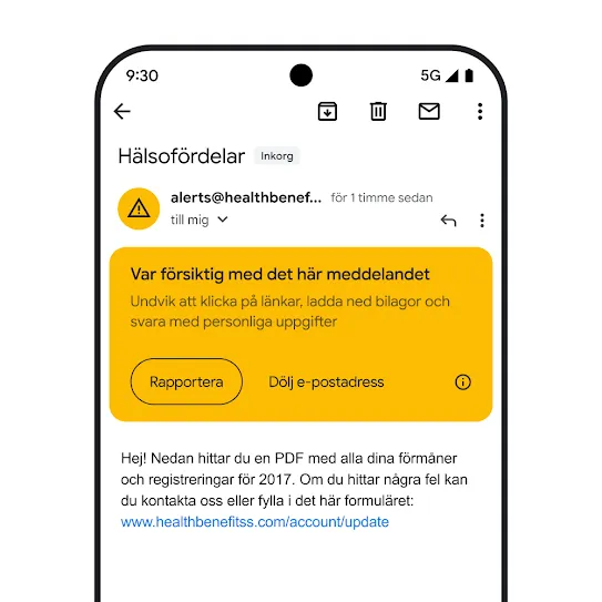 Bild som visar ett e-postmeddelande i Gmail på en smartphone-skärm med en säkerhetsvarning om ett potentiellt nätfiskeförsök.