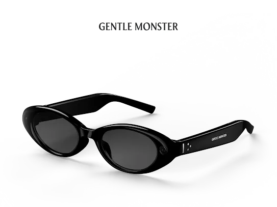 An angled view of Gentle Monster’s AI sun glasses with oval-like lenses in a black frame